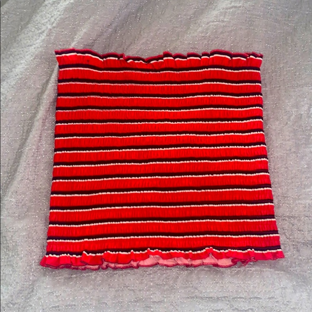 Red tube top with black and white strips